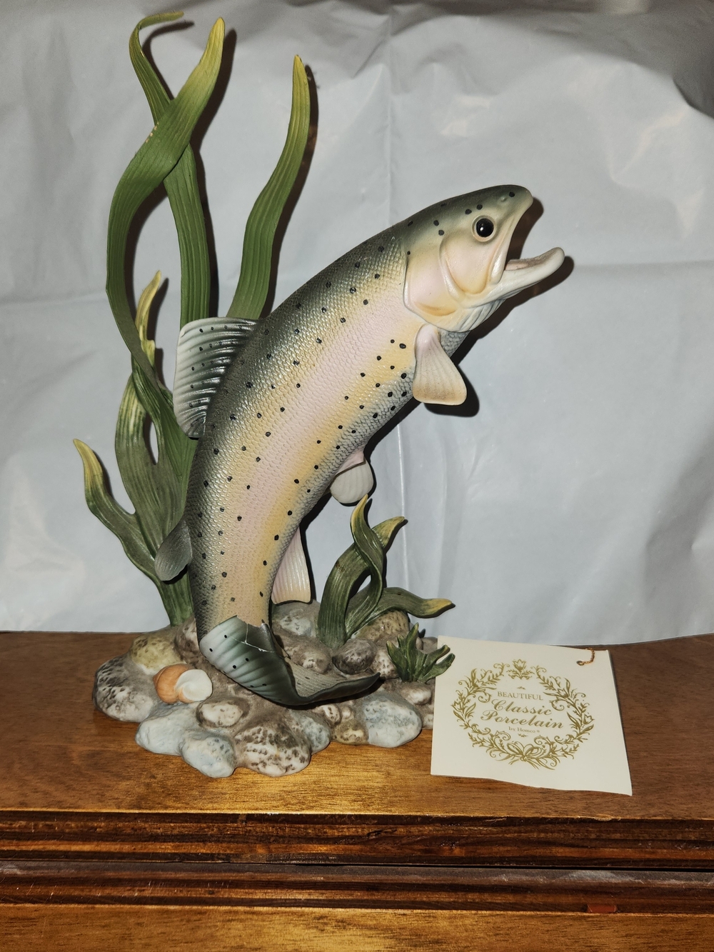 Hand-Painted Green and Pink Trout Figurine by HOMCO